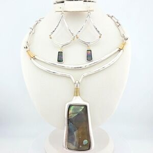 Vtg RLM Robert Lee Morris SOHO Necklace & Earring Set Abalone Shell Silver Plate